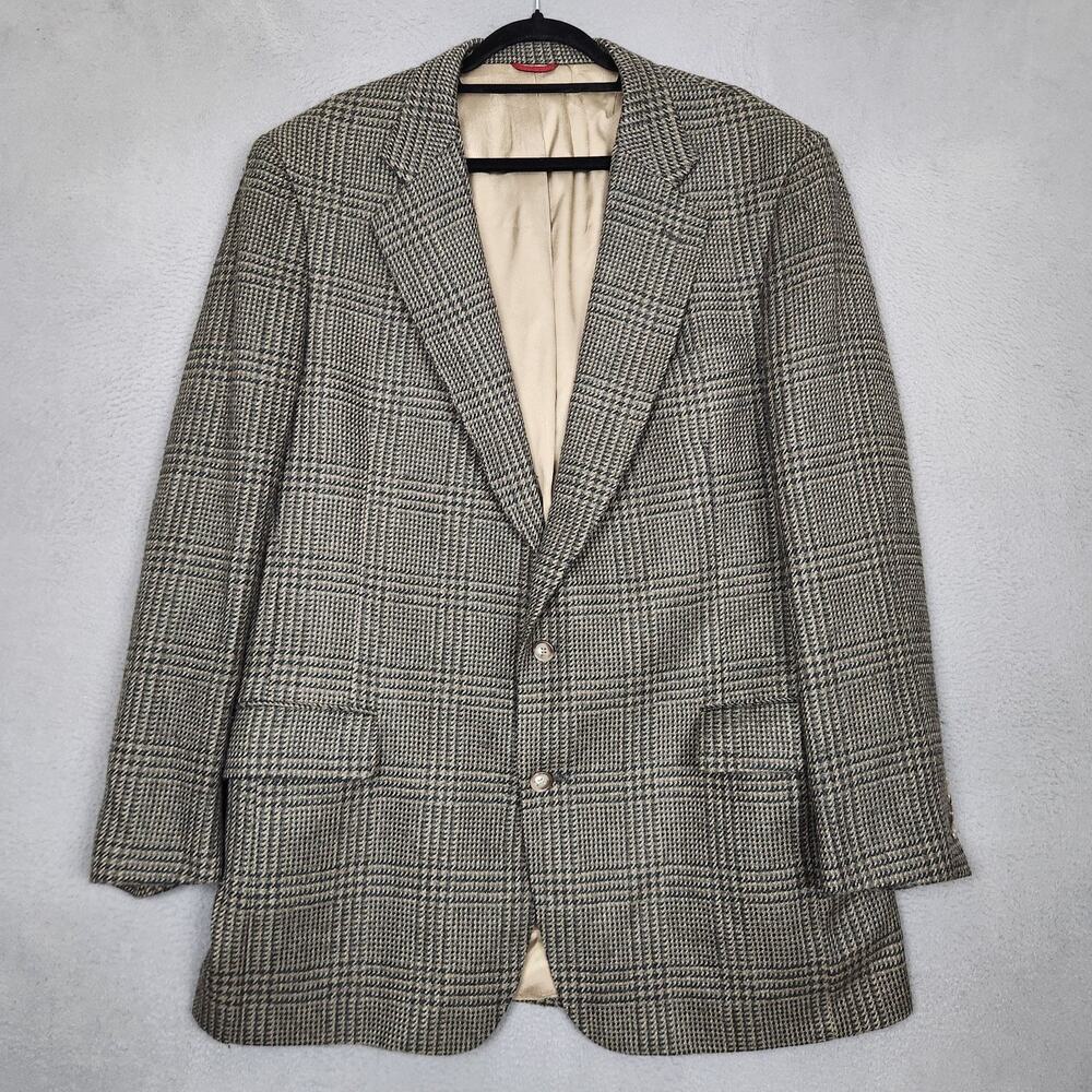 Vintage Jos A Bank Blazer Mens 48L Gray Wool Houndstooth Tweed Sport Coat USA